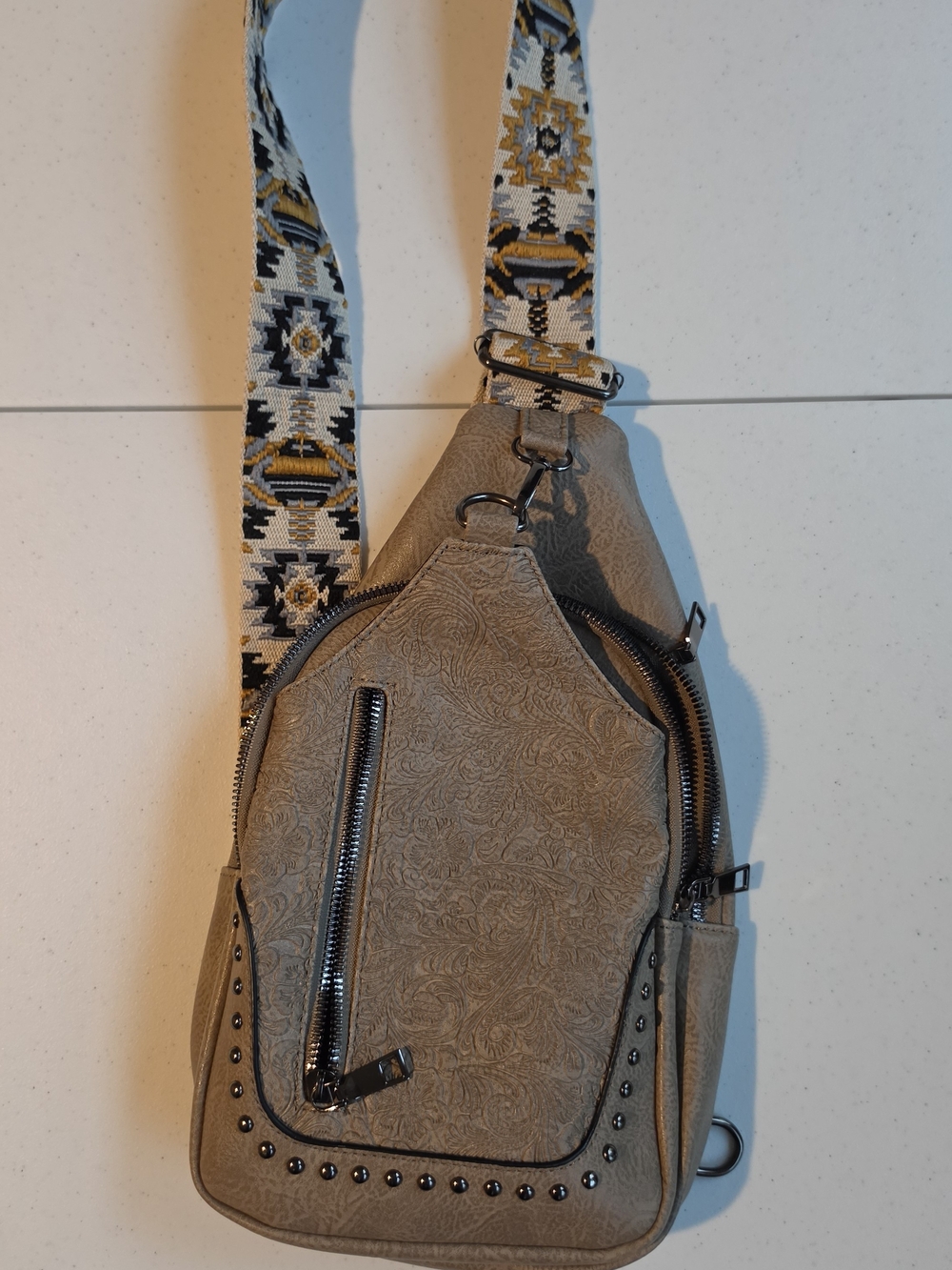 Taupe Textured Sling Crossbody Bag with Patterned Strap